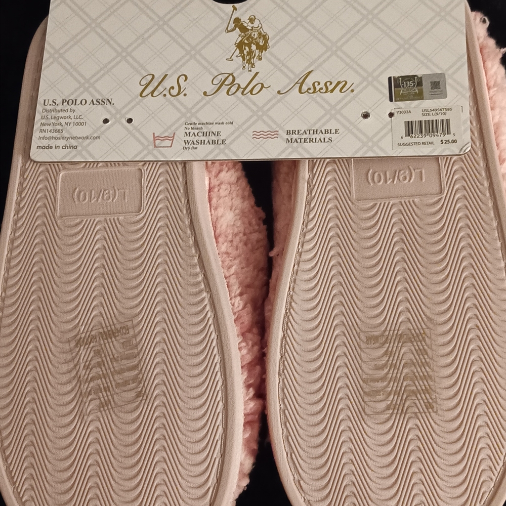 U.S. Polo Assn. Pink Plush Faux Fur Slippers Women's Size L 9-10 NWT - Picture 6 of 6